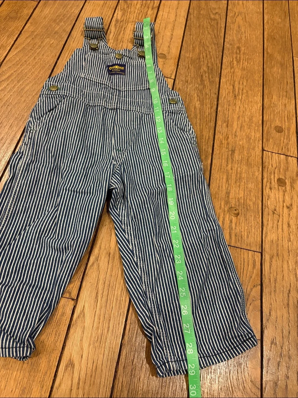 Vintage Union Made OshKosh Striped Overalls green detail view measurements